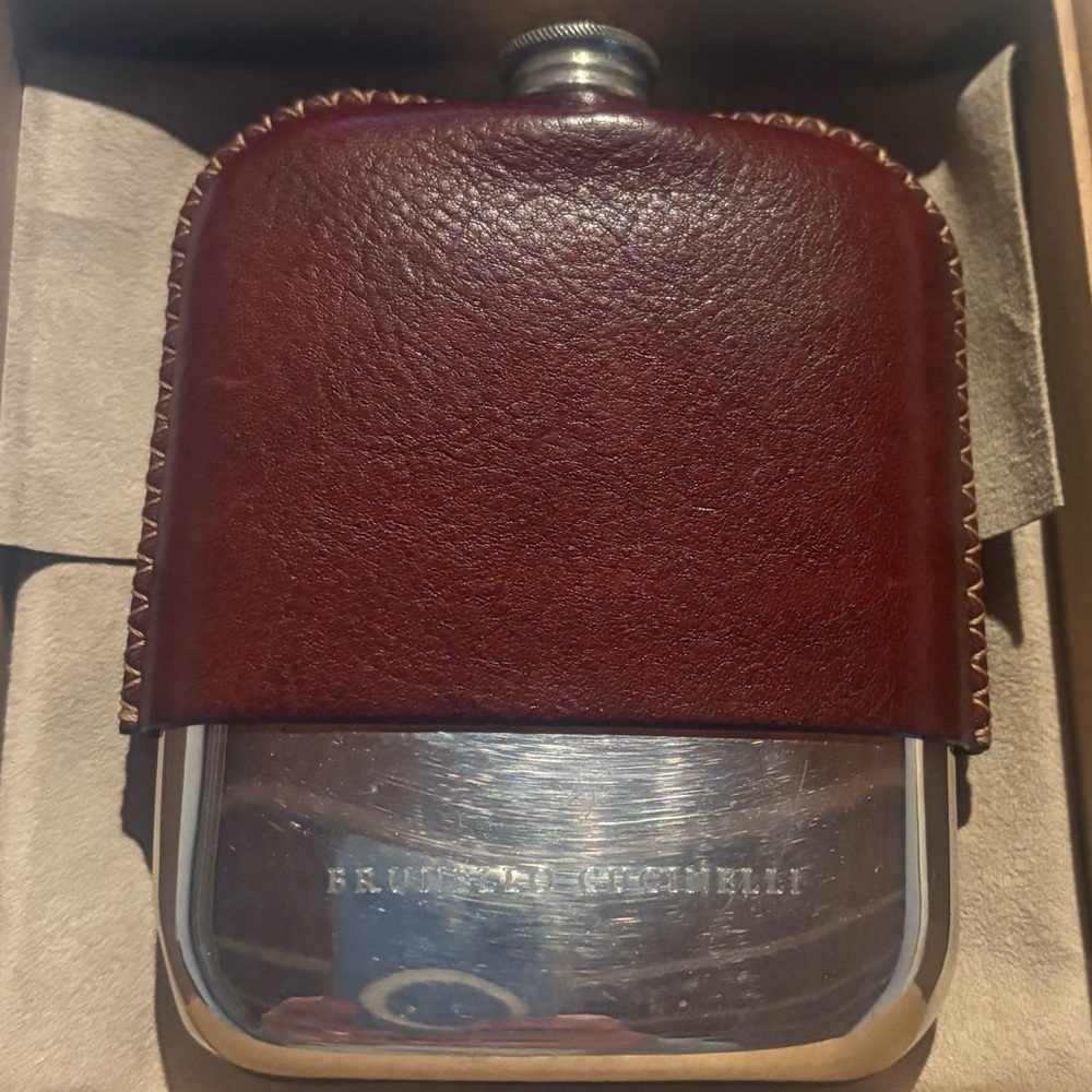 Brunello Cucinelli Hip Flask.Titanium/Leather Sleeve. Crafted in Italy .